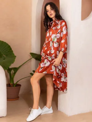 WOMEN'S 3/4 SLEEVE BUTTON UP FLORAL MIDI DRESS