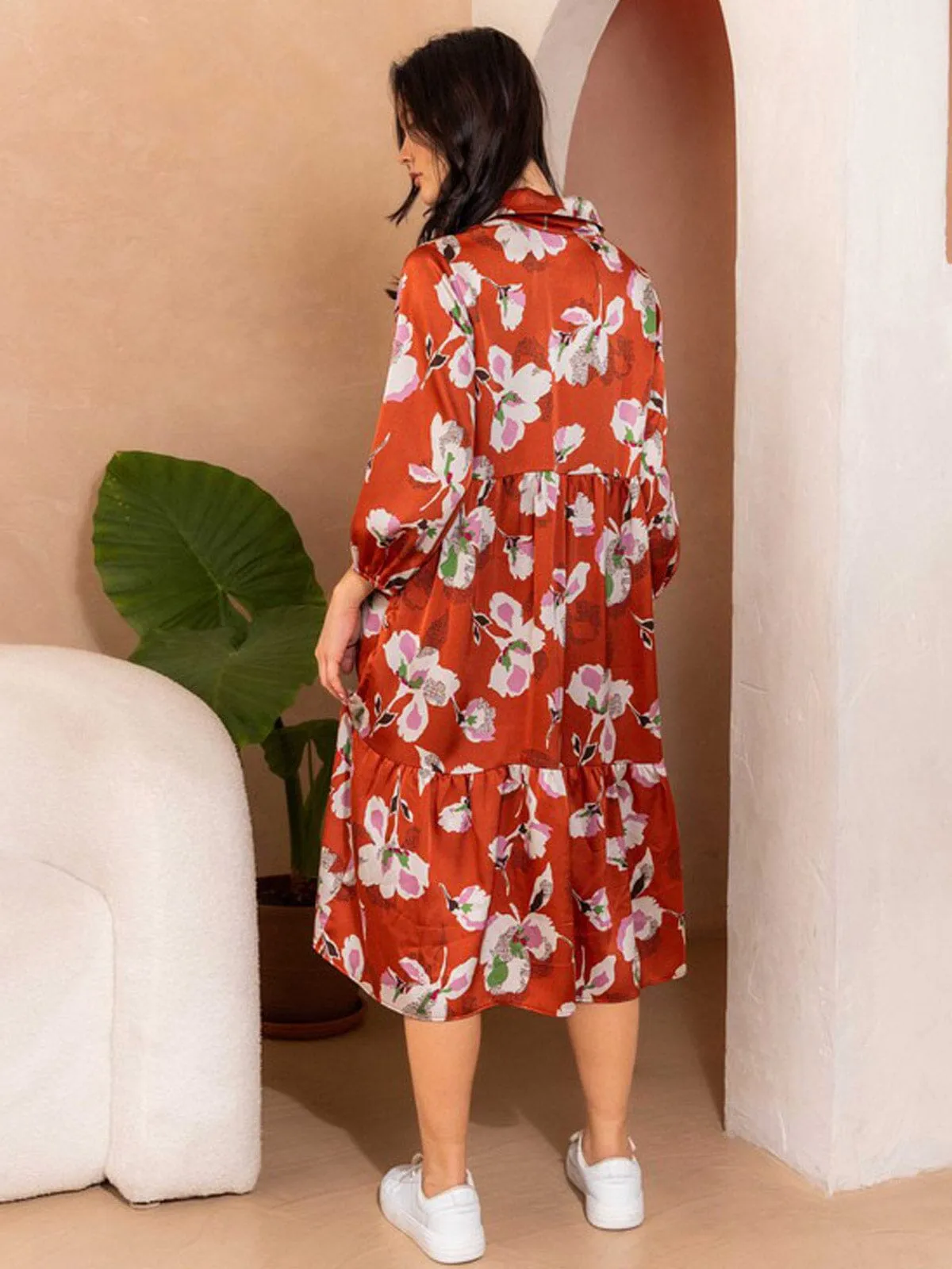 WOMEN'S 3/4 SLEEVE BUTTON UP FLORAL MIDI DRESS