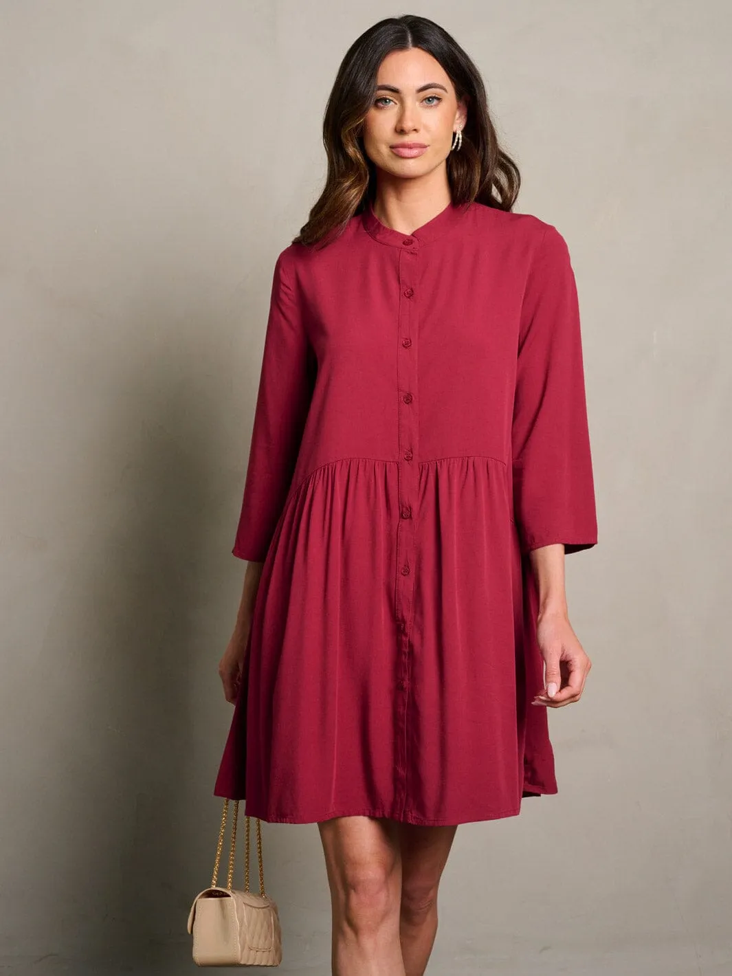 WOMEN'S 3/4 SLEEVE BUTTON UP LOOSE FIT MINI DRESS
