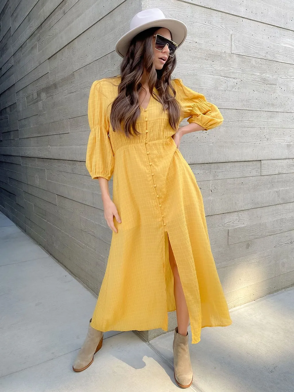 WOMENS 3/4 SLEEVE BUTTON UP MAXI DRESS