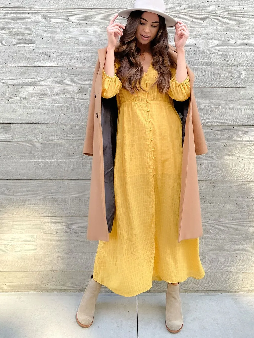 WOMENS 3/4 SLEEVE BUTTON UP MAXI DRESS