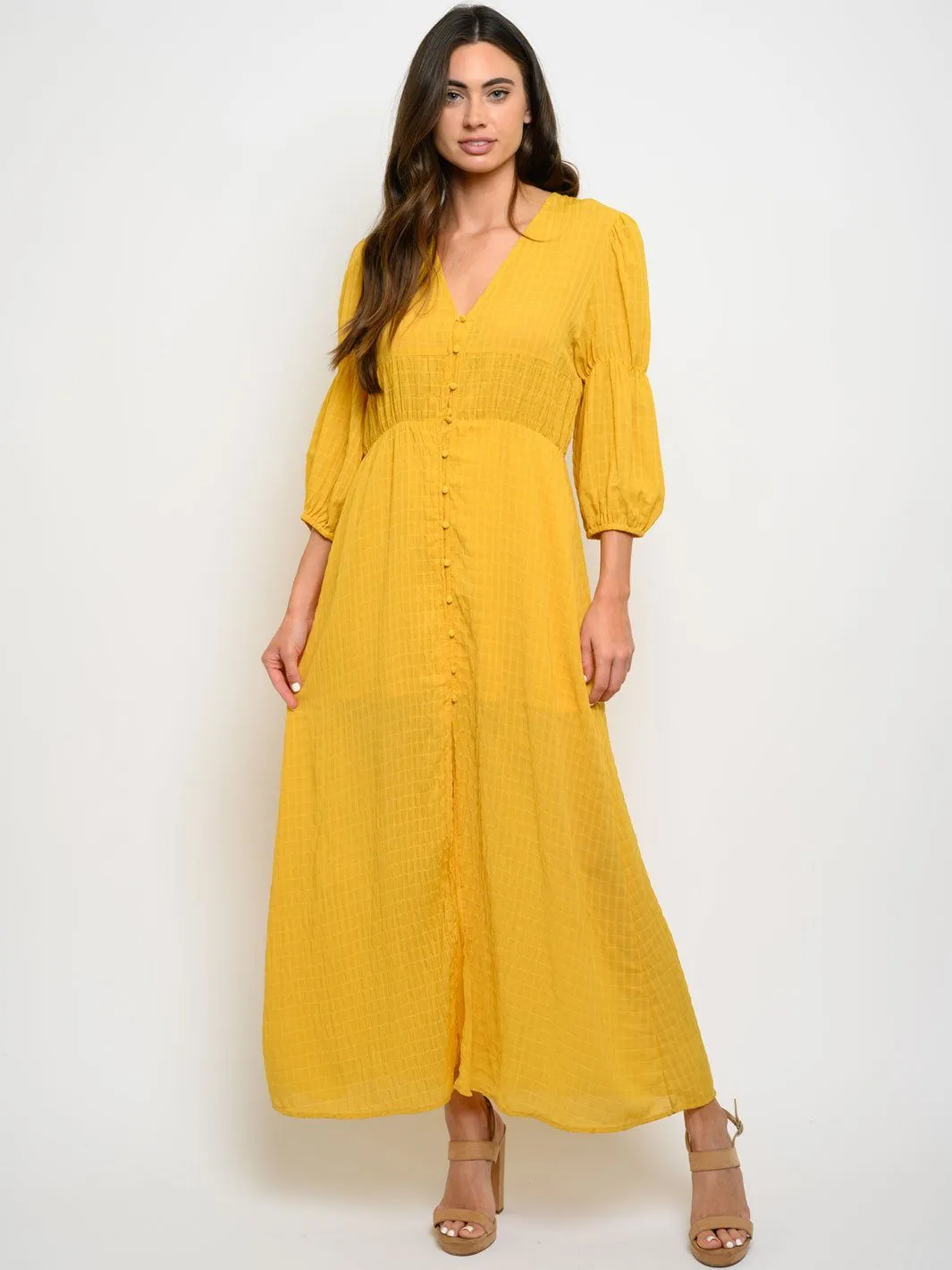 WOMENS 3/4 SLEEVE BUTTON UP MAXI DRESS