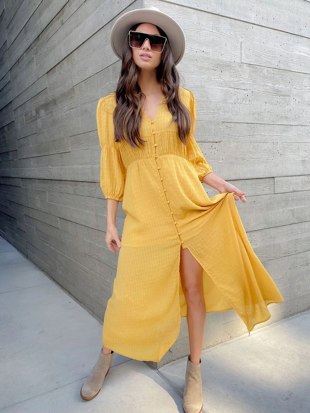 WOMENS 3/4 SLEEVE BUTTON UP MAXI DRESS