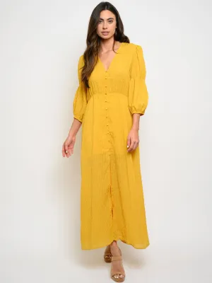 WOMENS 3/4 SLEEVE BUTTON UP MAXI DRESS