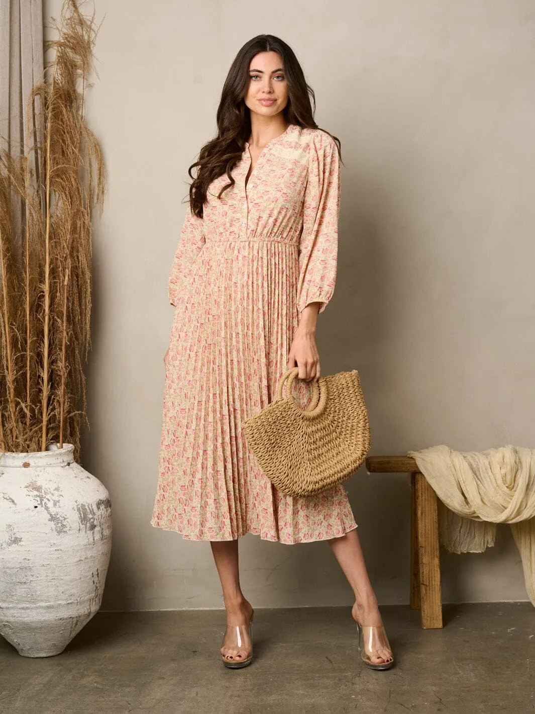 WOMEN'S 3/4 SLEEVE PLEATED FLORAL MIDI DRESS