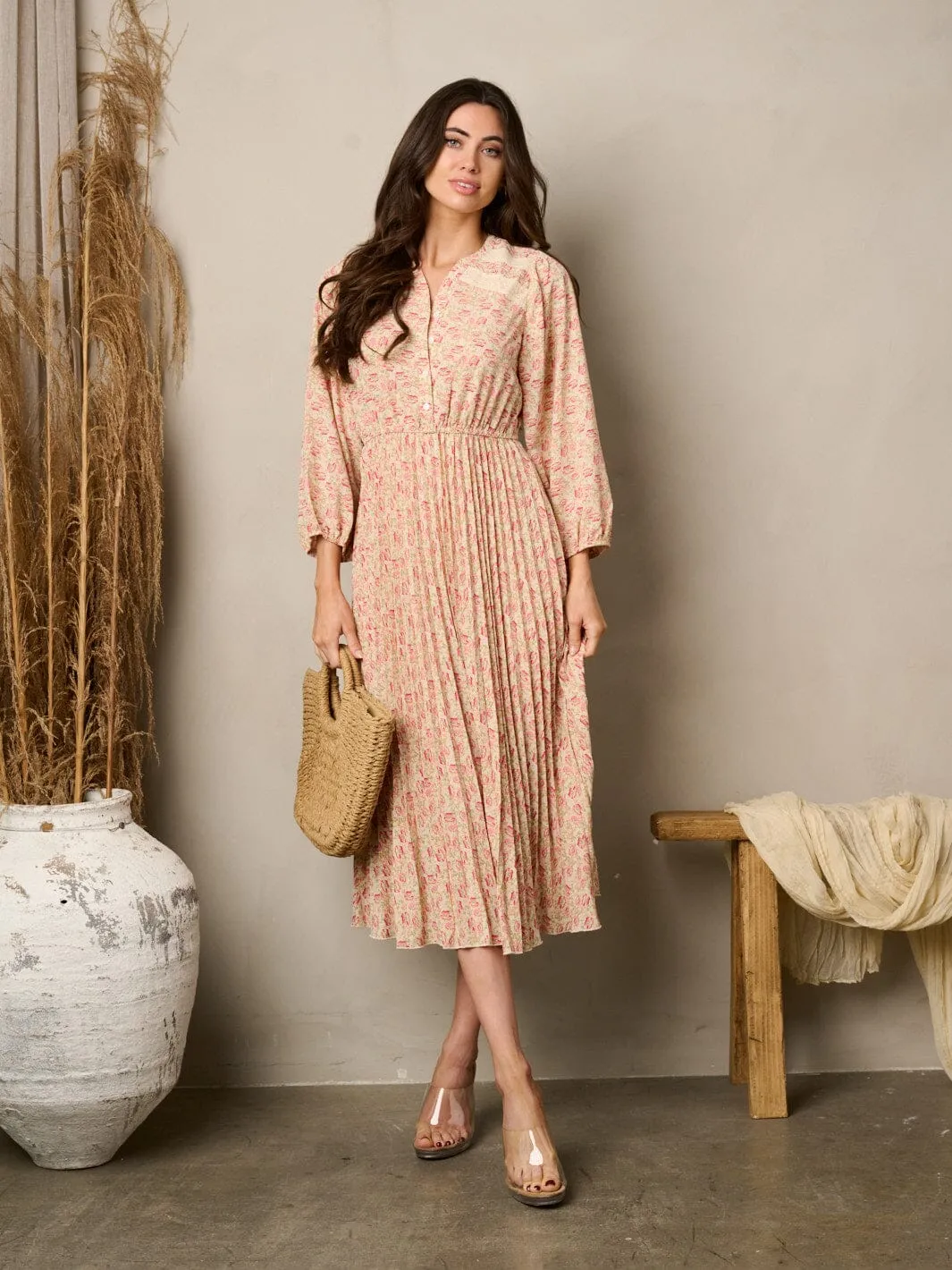 WOMEN'S 3/4 SLEEVE PLEATED FLORAL MIDI DRESS
