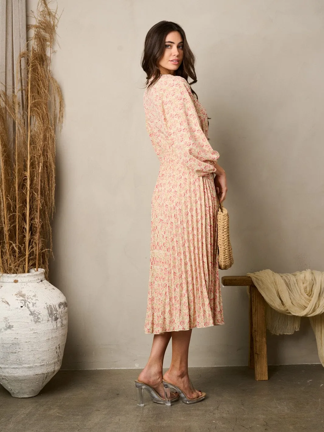 WOMEN'S 3/4 SLEEVE PLEATED FLORAL MIDI DRESS