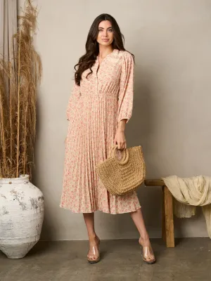 WOMEN'S 3/4 SLEEVE PLEATED FLORAL MIDI DRESS