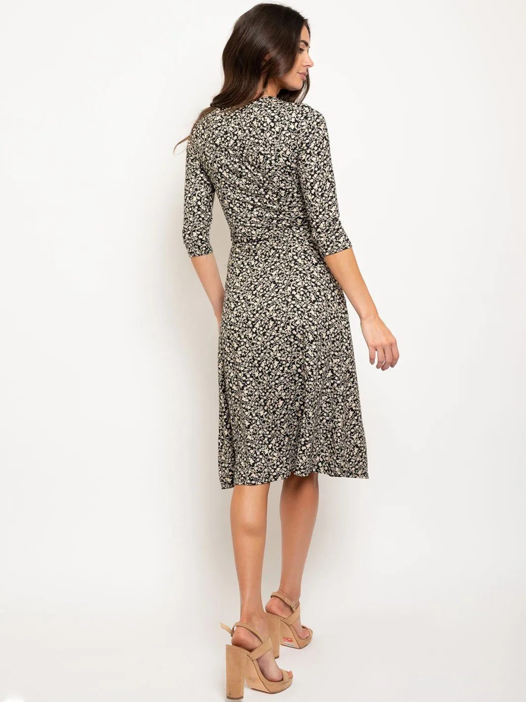 WOMEN'S 3/4 SLEEVES BUTTON UP DETAIL SELF TIE FLORAL MIDI DRESS