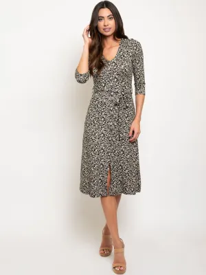 WOMEN'S 3/4 SLEEVES BUTTON UP DETAIL SELF TIE FLORAL MIDI DRESS