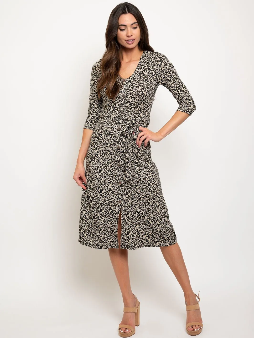 WOMEN'S 3/4 SLEEVES BUTTON UP DETAIL SELF TIE FLORAL MIDI DRESS