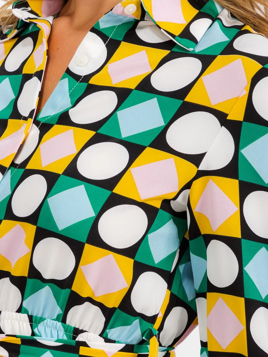 WOMEN'S 3/4 SLEEVES BUTTON UP MULTI PRINT MIDI DRESS