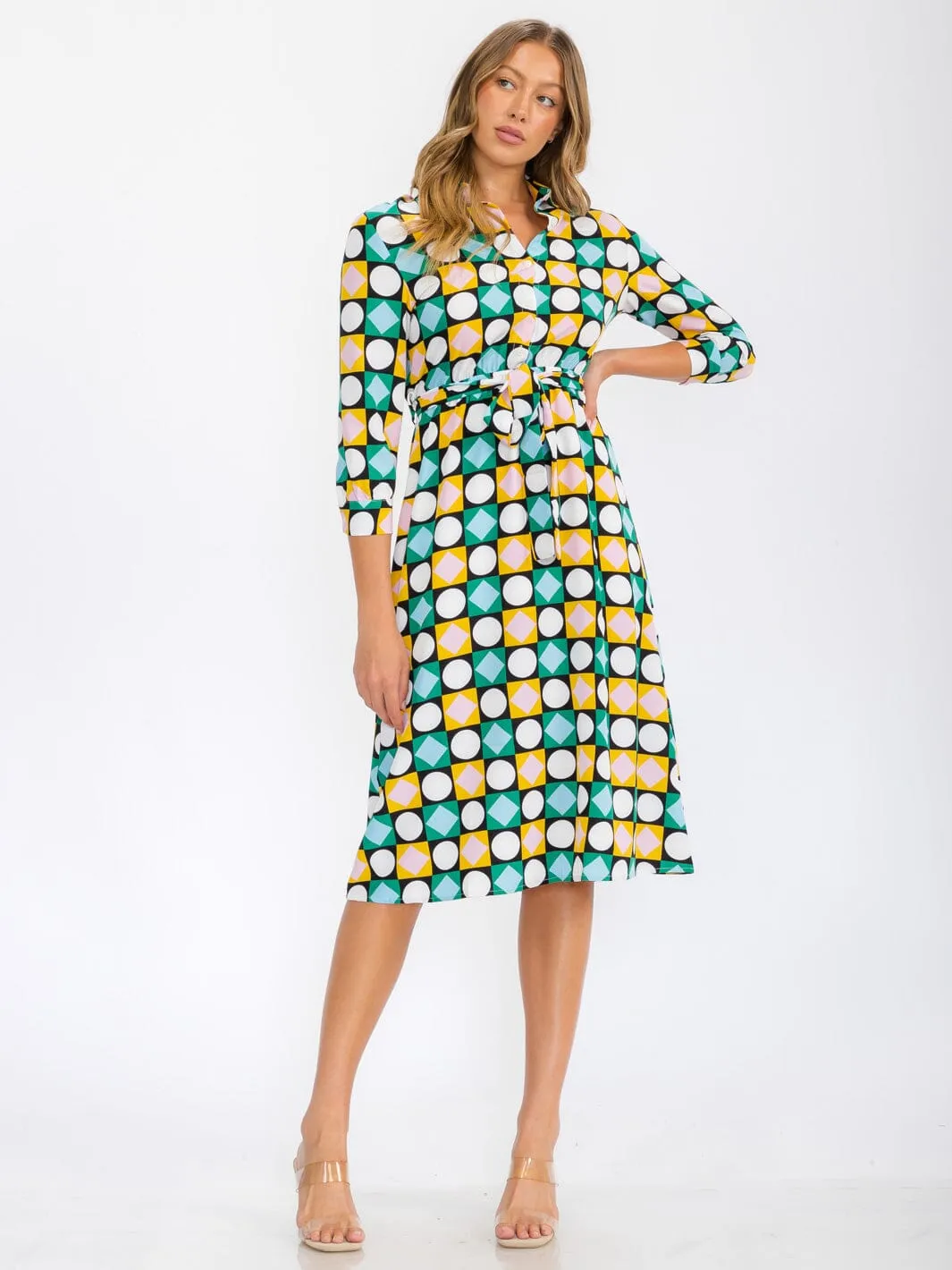 WOMEN'S 3/4 SLEEVES BUTTON UP MULTI PRINT MIDI DRESS