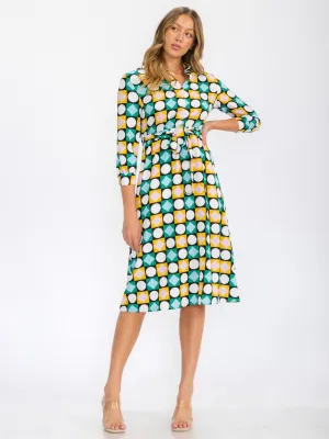 WOMEN'S 3/4 SLEEVES BUTTON UP MULTI PRINT MIDI DRESS