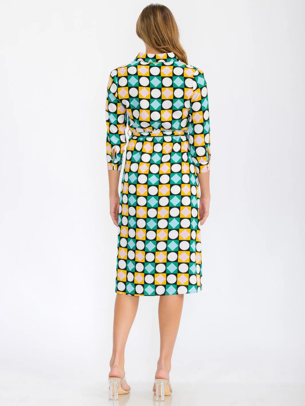 WOMEN'S 3/4 SLEEVES BUTTON UP MULTI PRINT MIDI DRESS