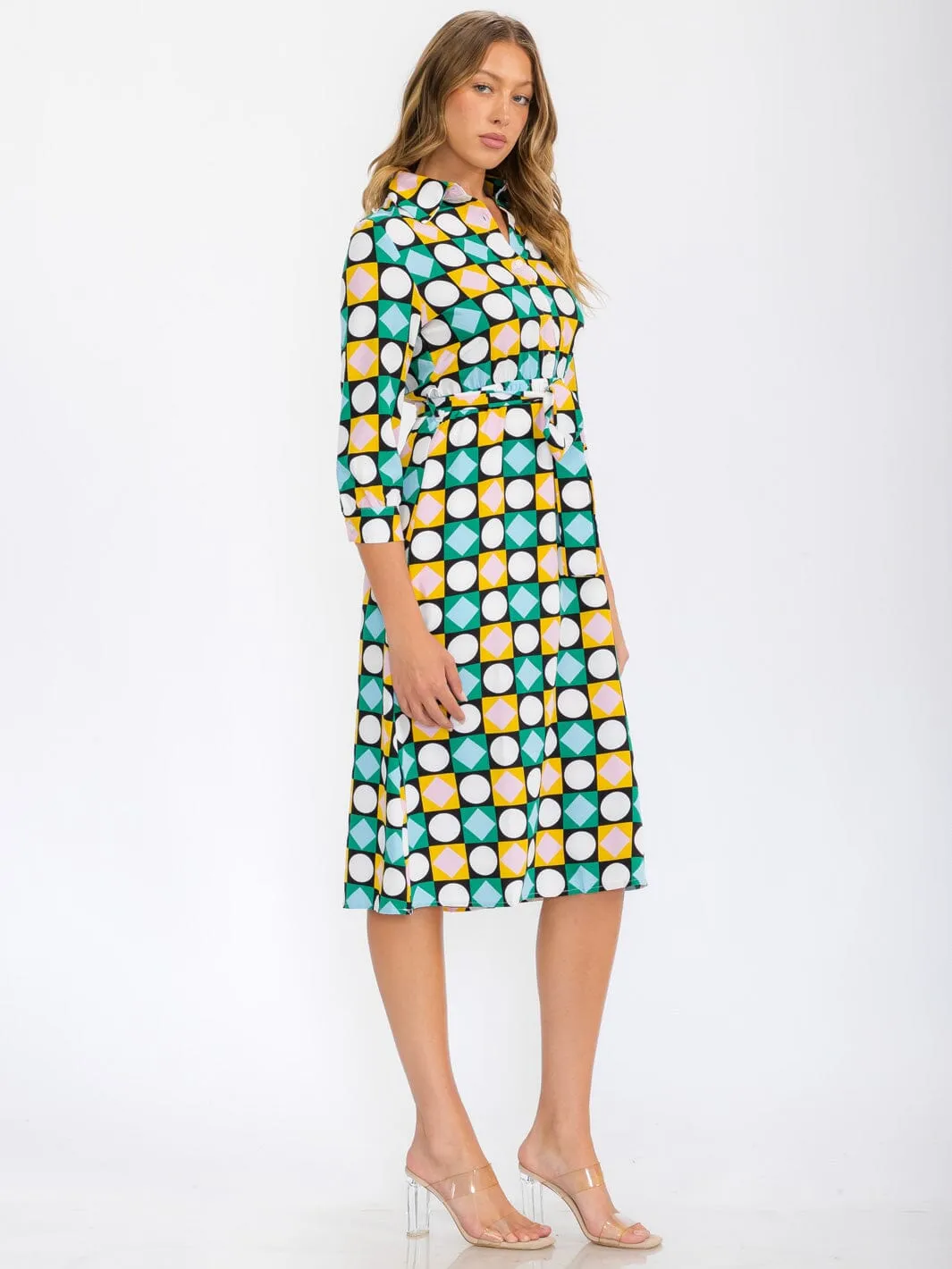 WOMEN'S 3/4 SLEEVES BUTTON UP MULTI PRINT MIDI DRESS