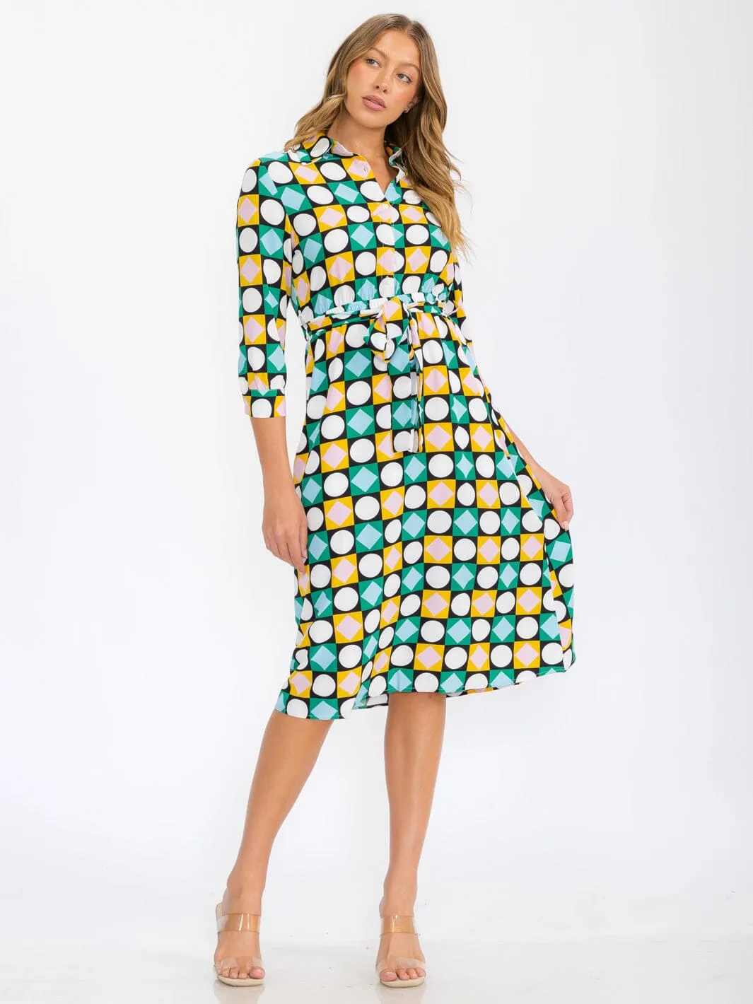 WOMEN'S 3/4 SLEEVES BUTTON UP MULTI PRINT MIDI DRESS