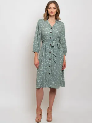 WOMEN'S COLLAR DETAIL SELF TIE BELT MIDI DRESS