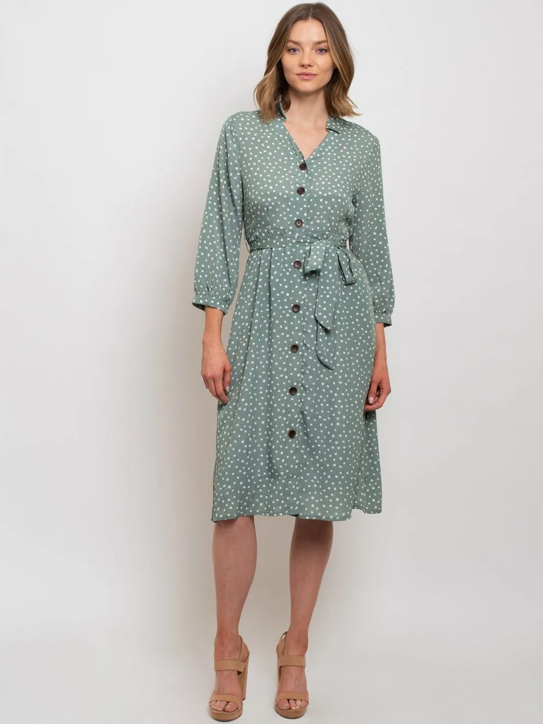 WOMEN'S COLLAR DETAIL SELF TIE BELT MIDI DRESS