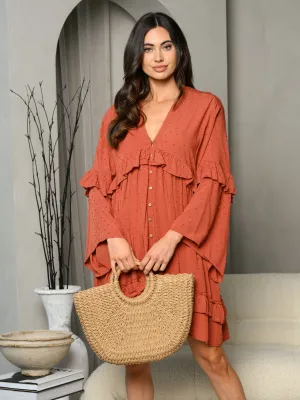 WOMEN'S LONG BELL SLEEVE RUFFLE BUTTON UP MINI DRESS