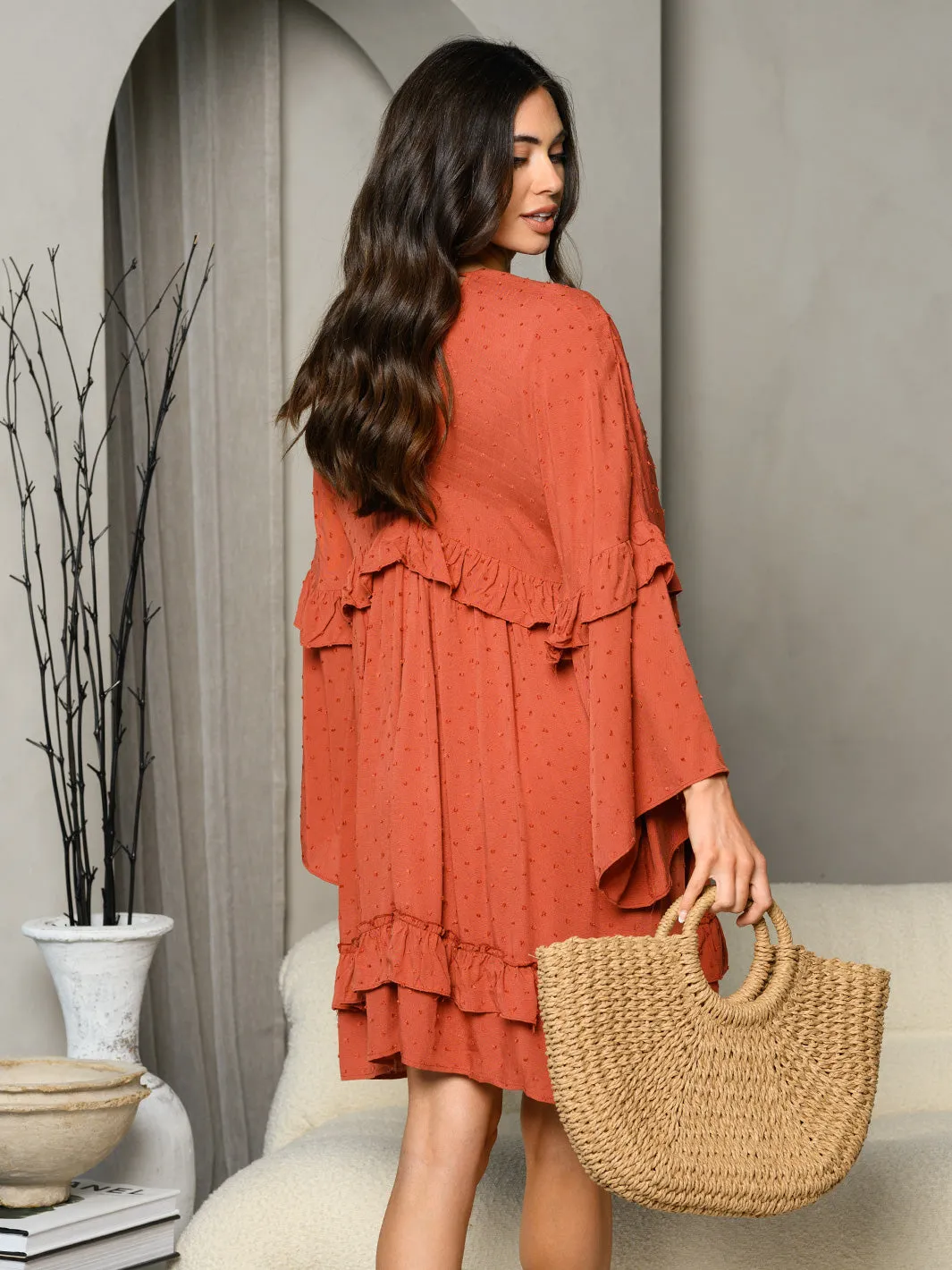 WOMEN'S LONG BELL SLEEVE RUFFLE BUTTON UP MINI DRESS
