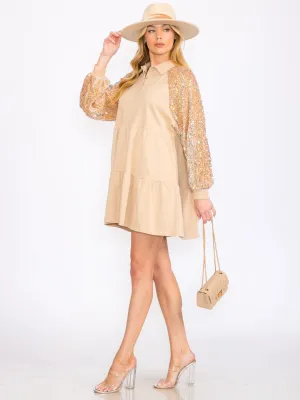WOMEN'S LONG SEQUINS SLEEVES TIERED POCKETS TUNIC MINI DRESS