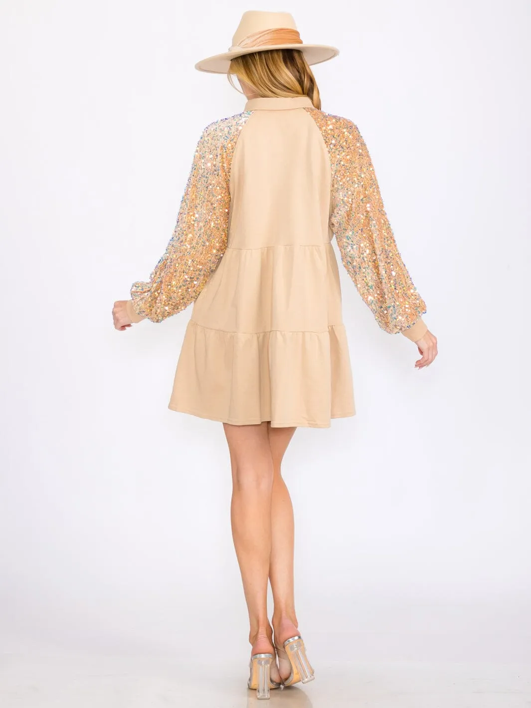 WOMEN'S LONG SEQUINS SLEEVES TIERED POCKETS TUNIC MINI DRESS