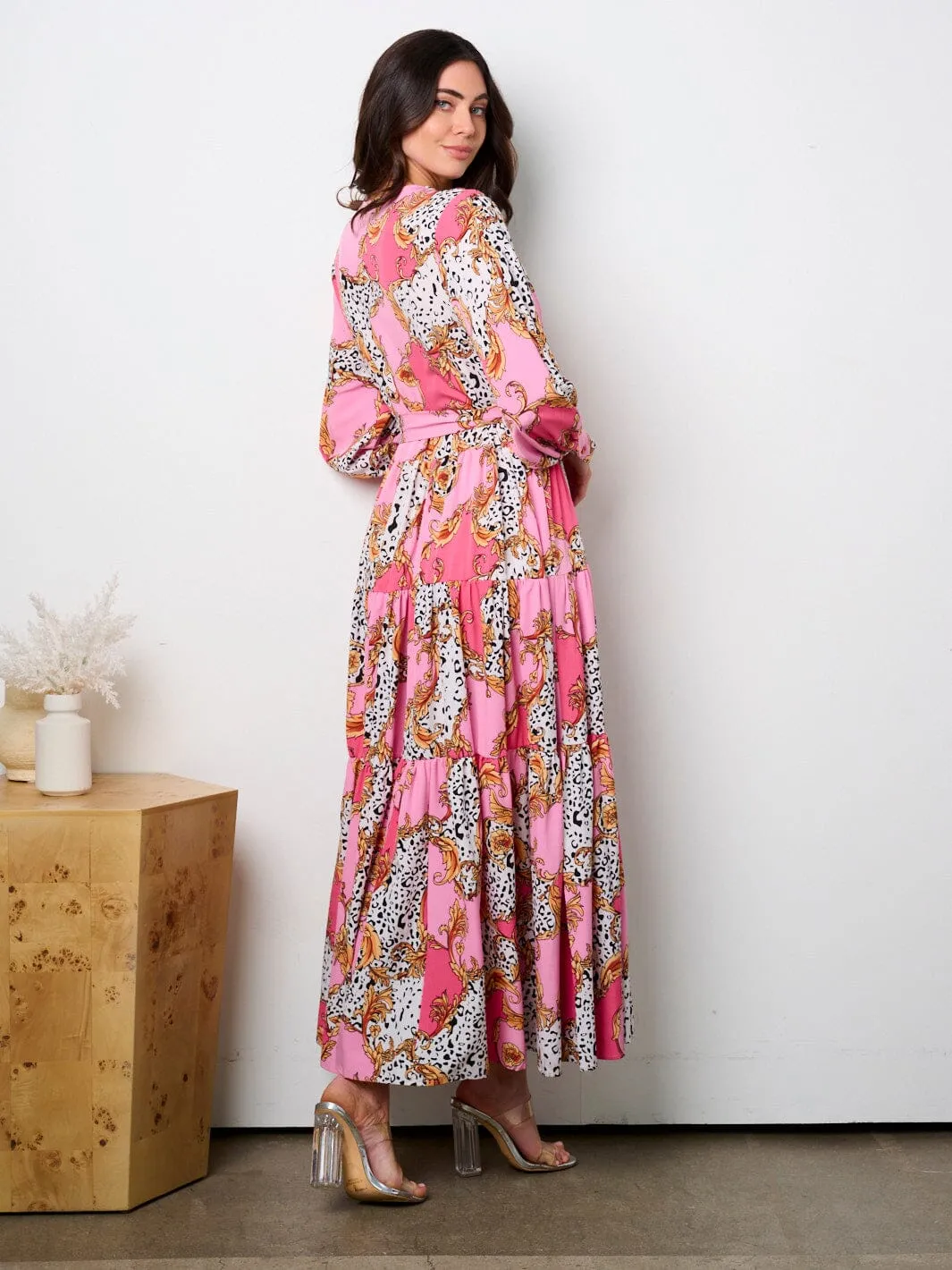 WOMEN'S LONG SLEEVE BUTTON UP ANIMAL PRINT PLEATED MAXI DRESS