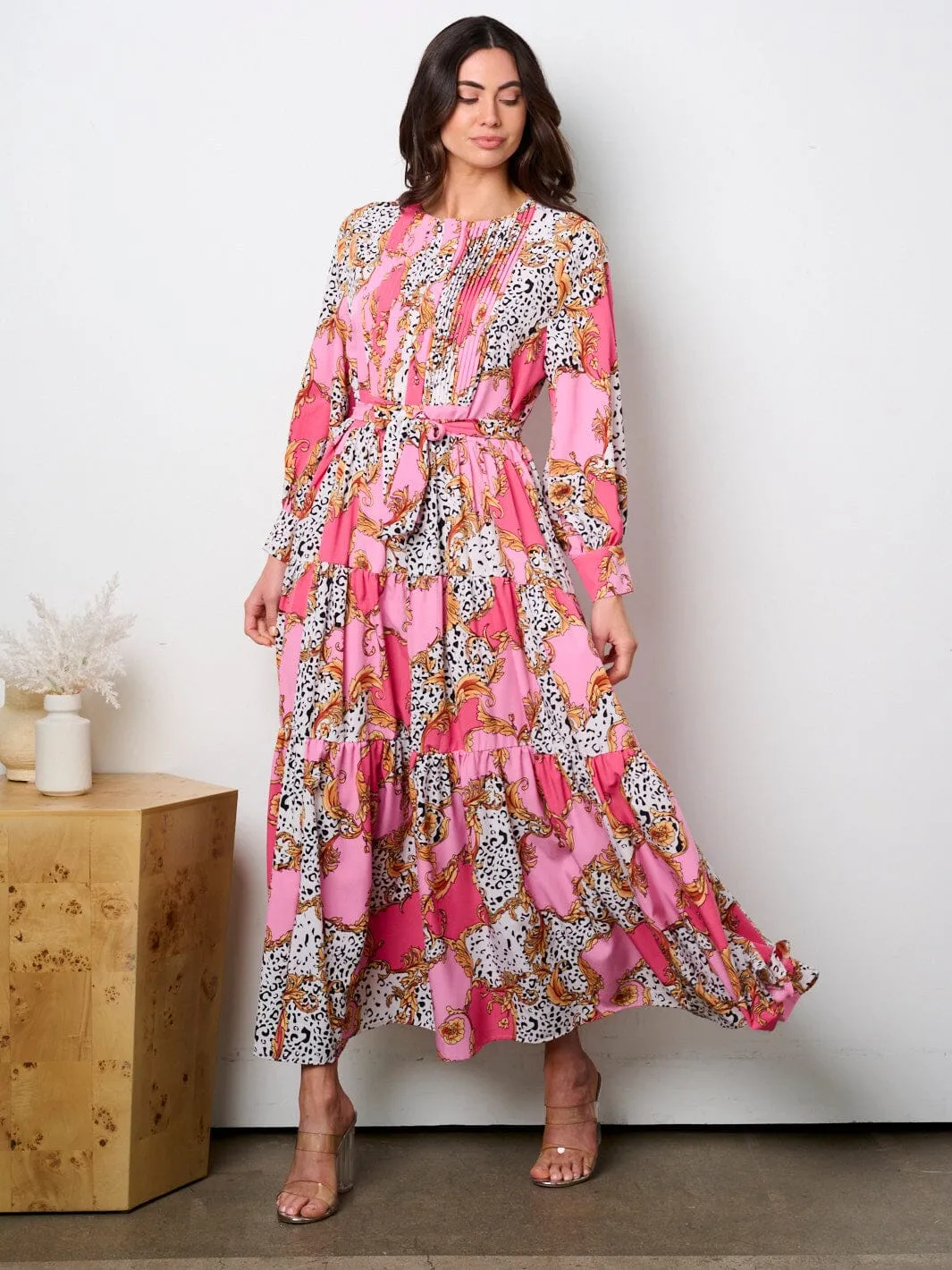 WOMEN'S LONG SLEEVE BUTTON UP ANIMAL PRINT PLEATED MAXI DRESS