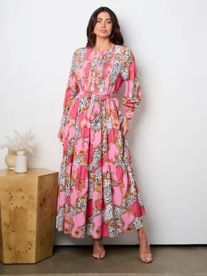 WOMEN'S LONG SLEEVE BUTTON UP ANIMAL PRINT PLEATED MAXI DRESS