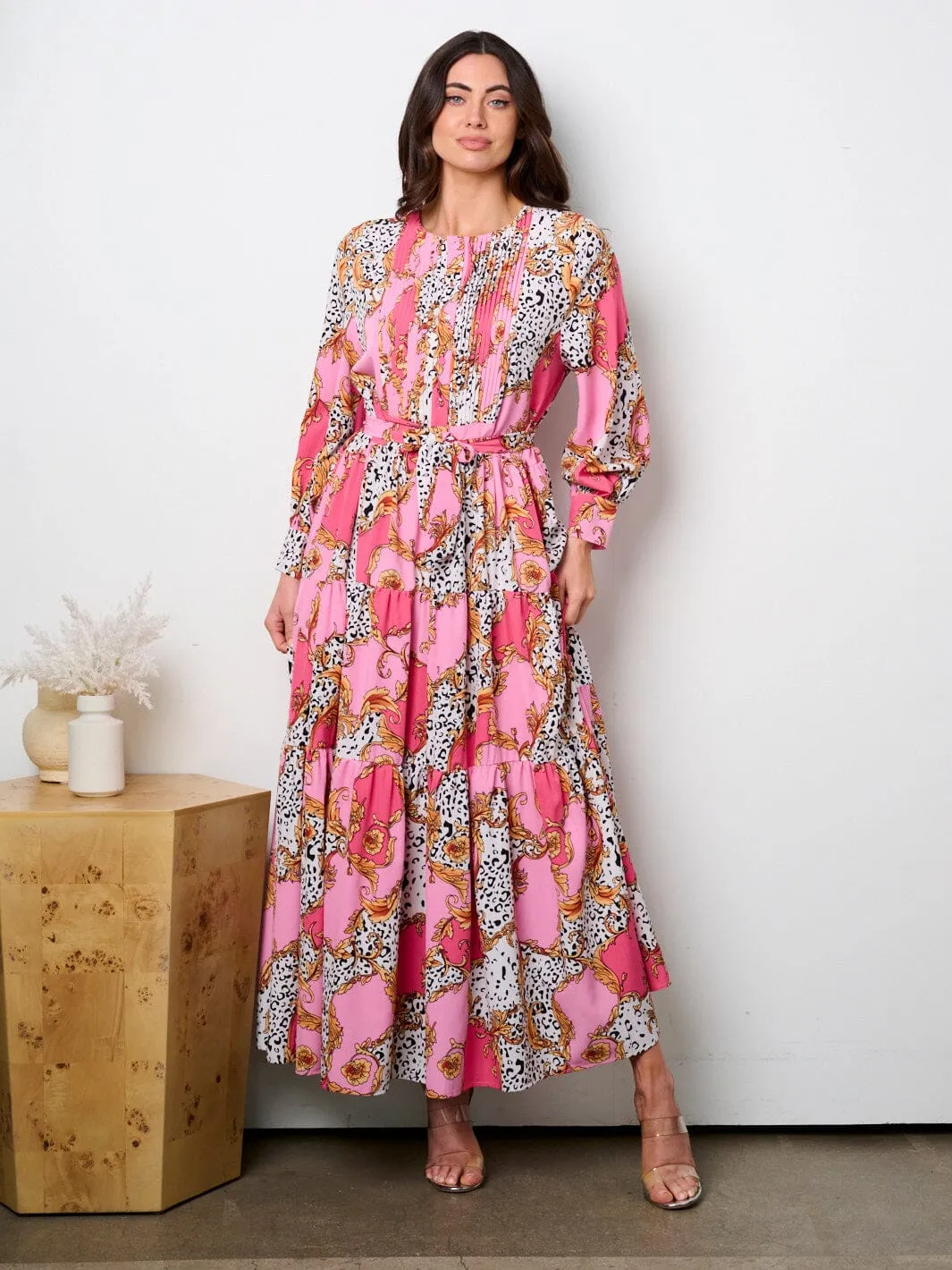 WOMEN'S LONG SLEEVE BUTTON UP ANIMAL PRINT PLEATED MAXI DRESS