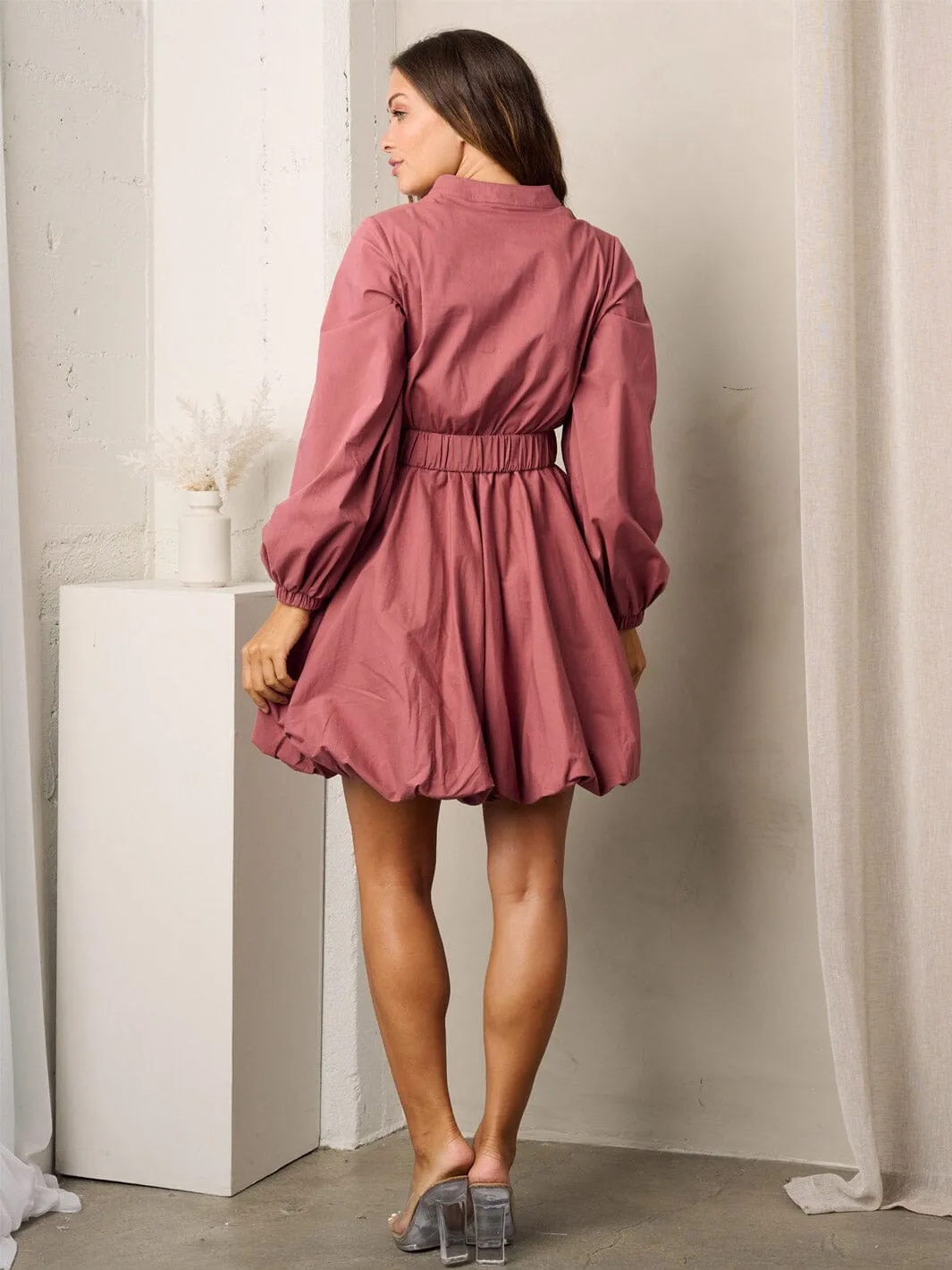 WOMEN'S LONG SLEEVE BUTTON UP BELTED BALLON MINI DRESS