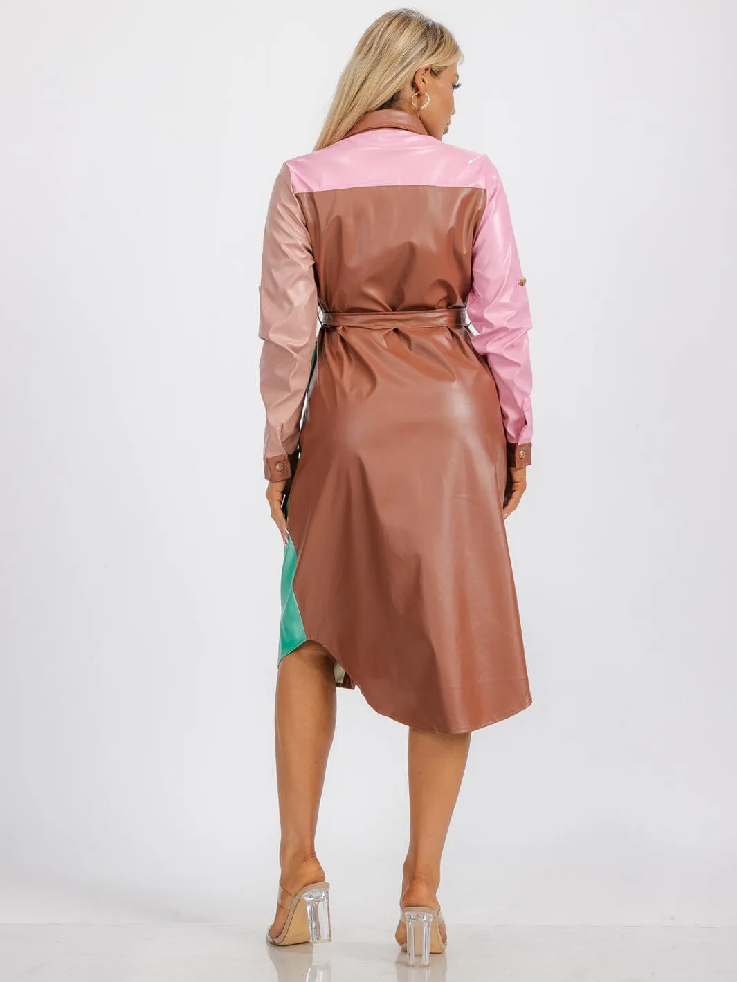 WOMEN'S LONG SLEEVE BUTTON UP COLORBLOCK PU PLEATHER MIDI DRESS