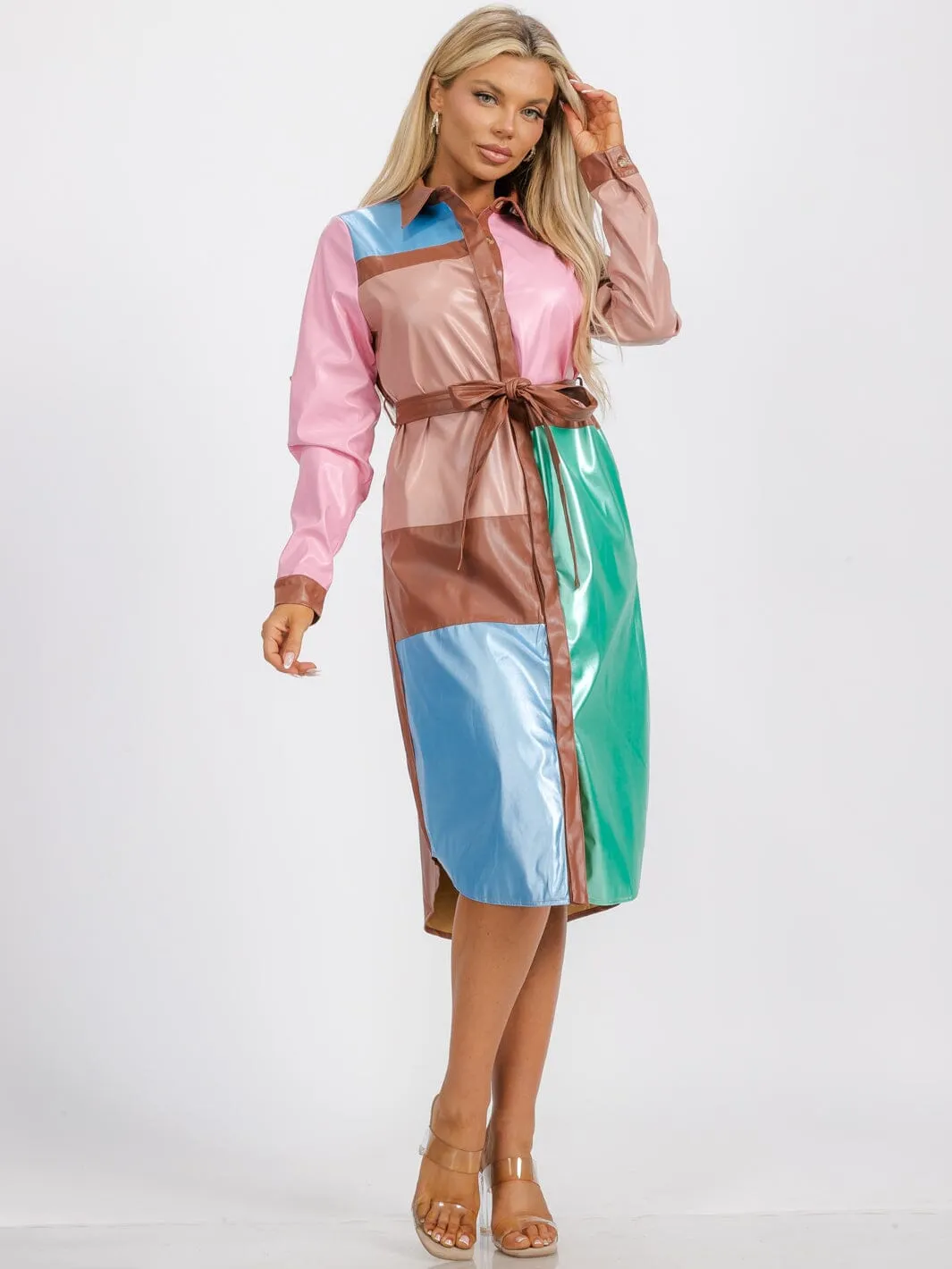 WOMEN'S LONG SLEEVE BUTTON UP COLORBLOCK PU PLEATHER MIDI DRESS
