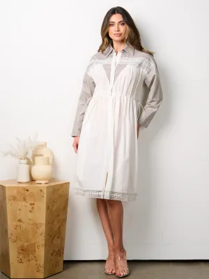 WOMEN'S LONG SLEEVE BUTTON UP ELASTIC WAIST TRIM DETAILED MIDI DRESS
