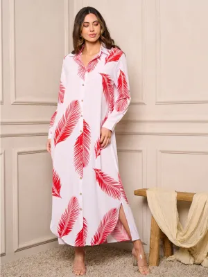 WOMEN'S LONG SLEEVE BUTTON UP LEAF PRINT MAXI DRESS