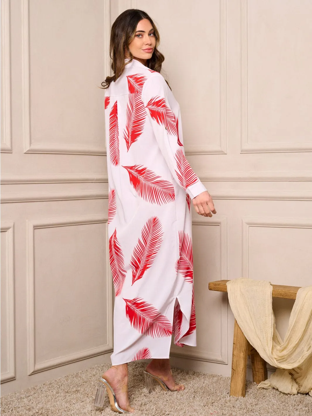 WOMEN'S LONG SLEEVE BUTTON UP LEAF PRINT MAXI DRESS