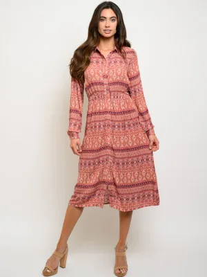 WOMEN'S LONG SLEEVE BUTTON UP MIDI DRESS