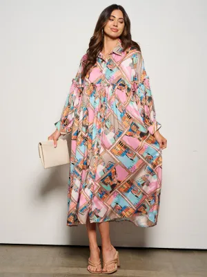 WOMEN'S LONG SLEEVE BUTTON UP MULTI PRINT TUNIC MIDI DRESS