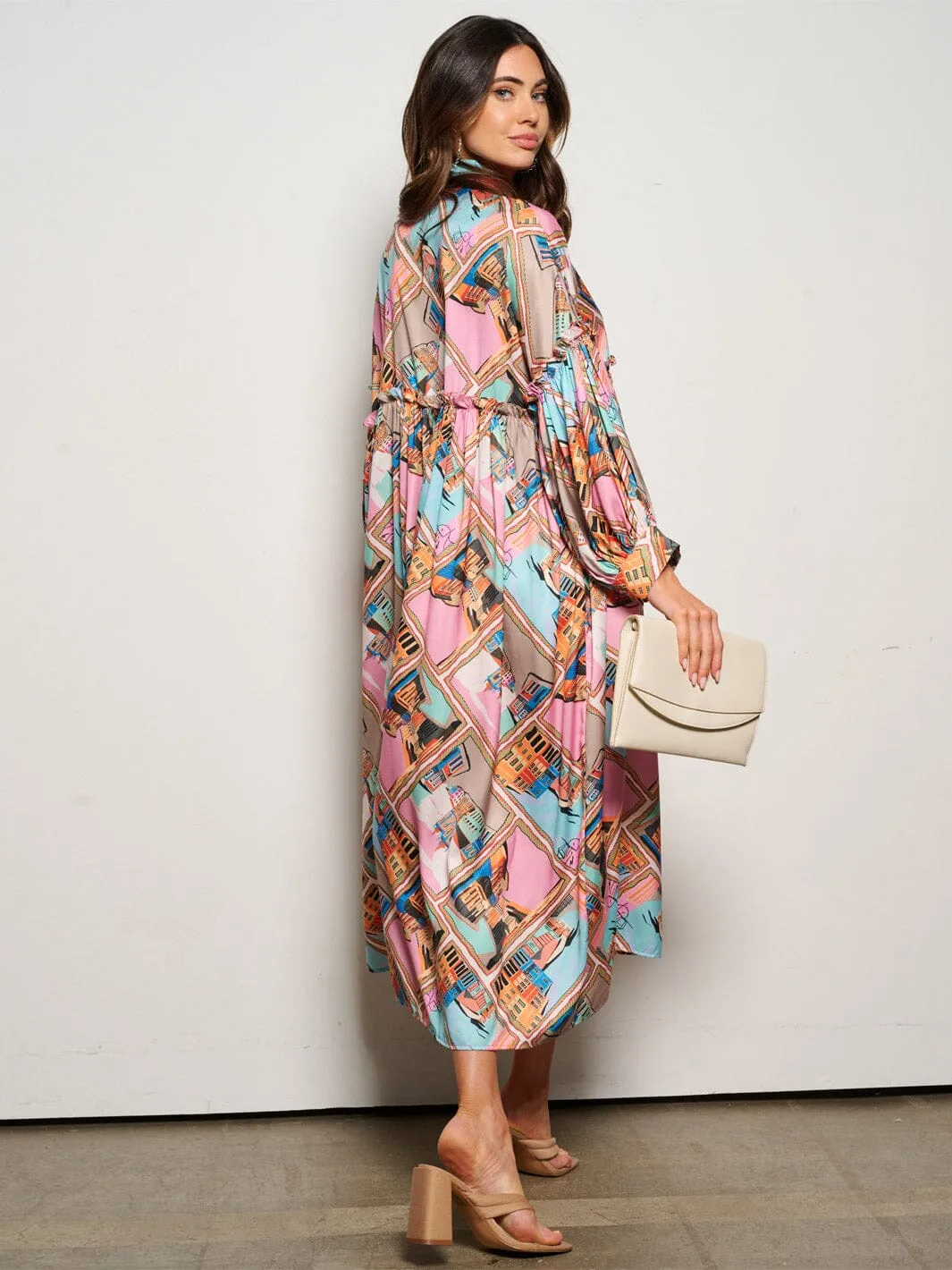 WOMEN'S LONG SLEEVE BUTTON UP MULTI PRINT TUNIC MIDI DRESS