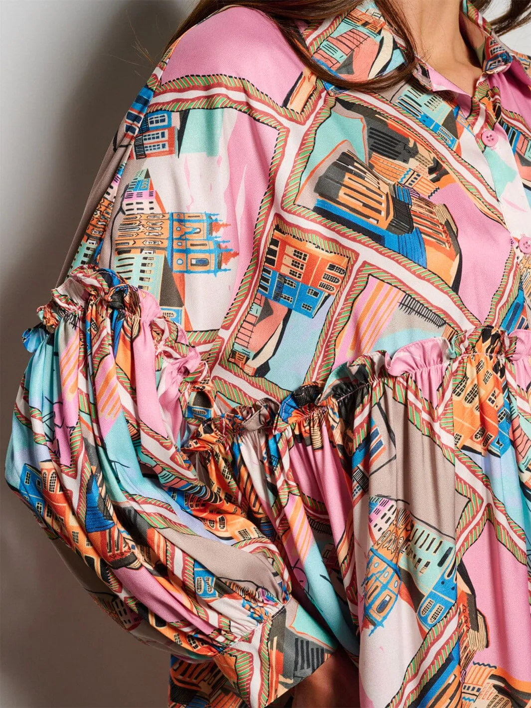 WOMEN'S LONG SLEEVE BUTTON UP MULTI PRINT TUNIC MIDI DRESS