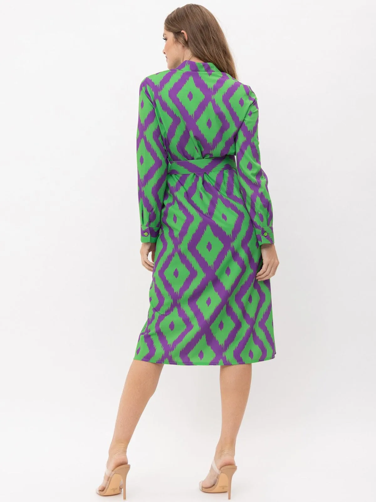 WOMEN'S LONG SLEEVE BUTTON UP POCKETS BELTED PRINTED MIDI DRESS