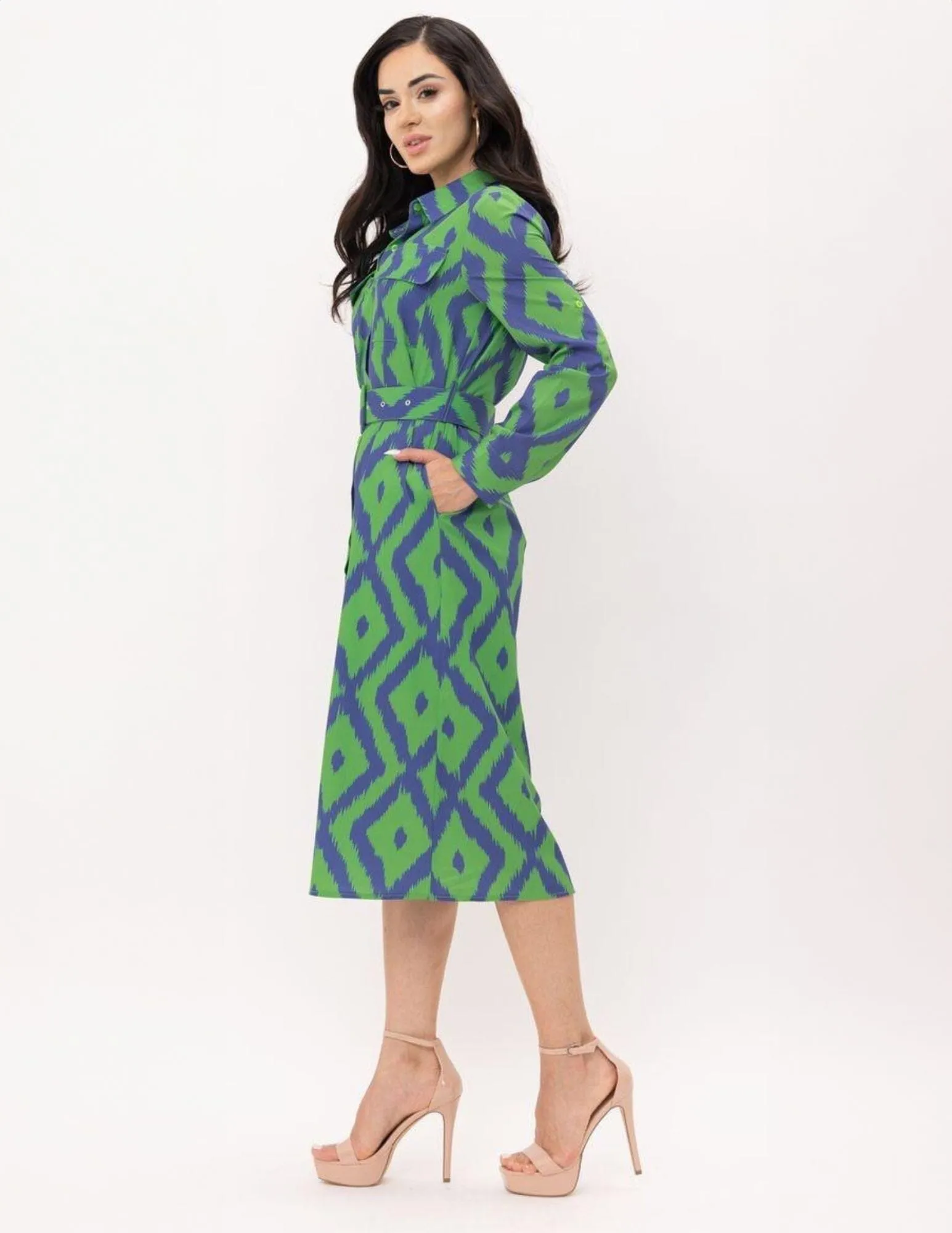 WOMEN'S LONG SLEEVE BUTTON UP POCKETS BELTED PRINTED MIDI DRESS