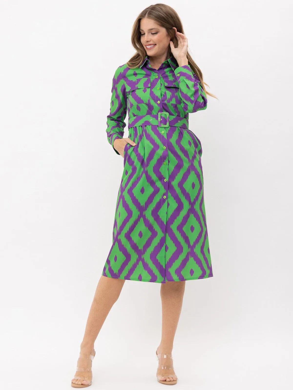 WOMEN'S LONG SLEEVE BUTTON UP POCKETS BELTED PRINTED MIDI DRESS