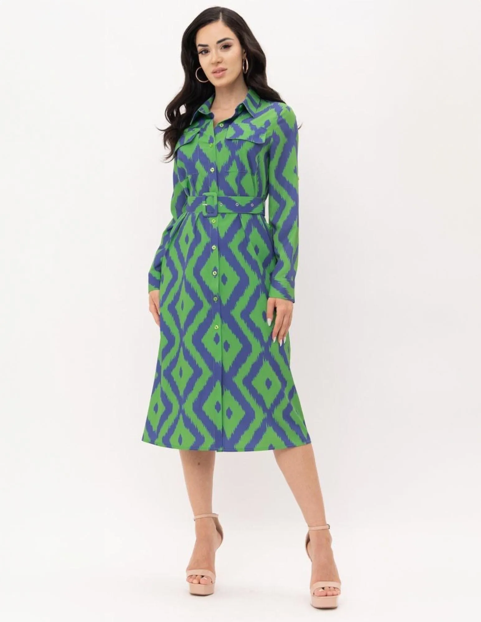 WOMEN'S LONG SLEEVE BUTTON UP POCKETS BELTED PRINTED MIDI DRESS