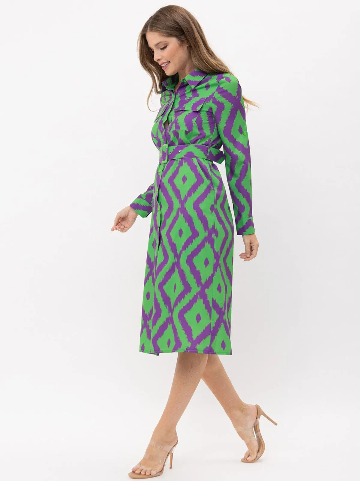 WOMEN'S LONG SLEEVE BUTTON UP POCKETS BELTED PRINTED MIDI DRESS