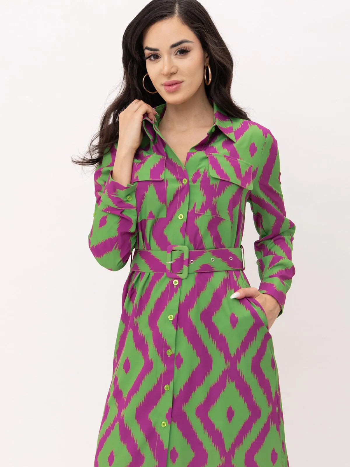 WOMEN'S LONG SLEEVE BUTTON UP POCKETS BELTED PRINTED MIDI DRESS