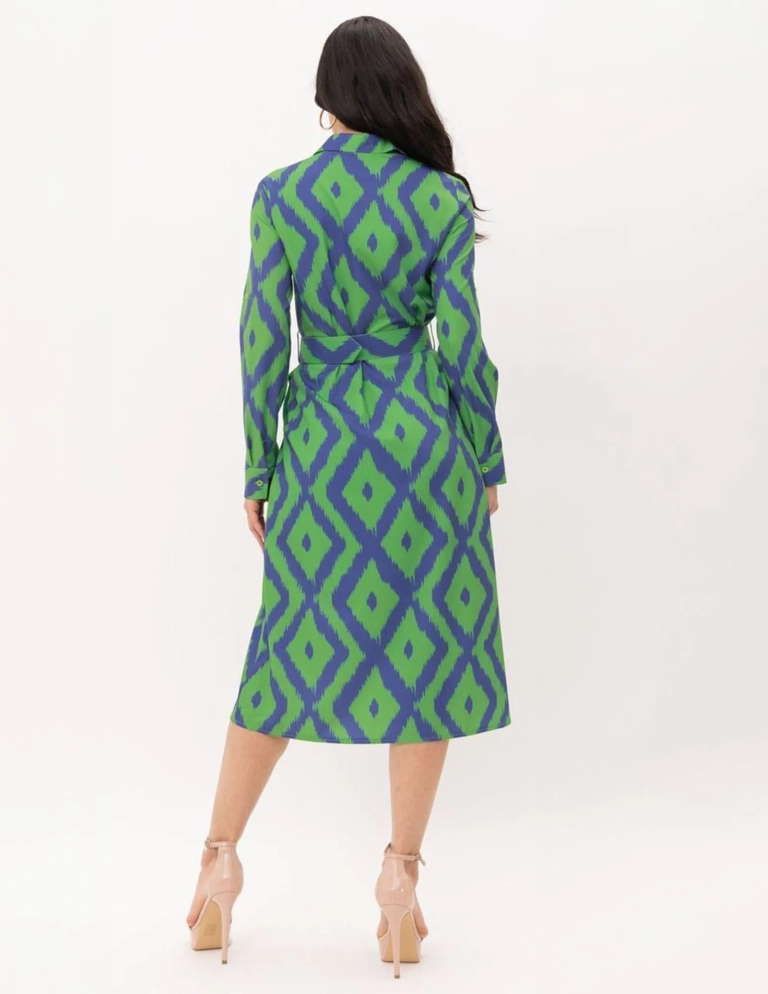 WOMEN'S LONG SLEEVE BUTTON UP POCKETS BELTED PRINTED MIDI DRESS