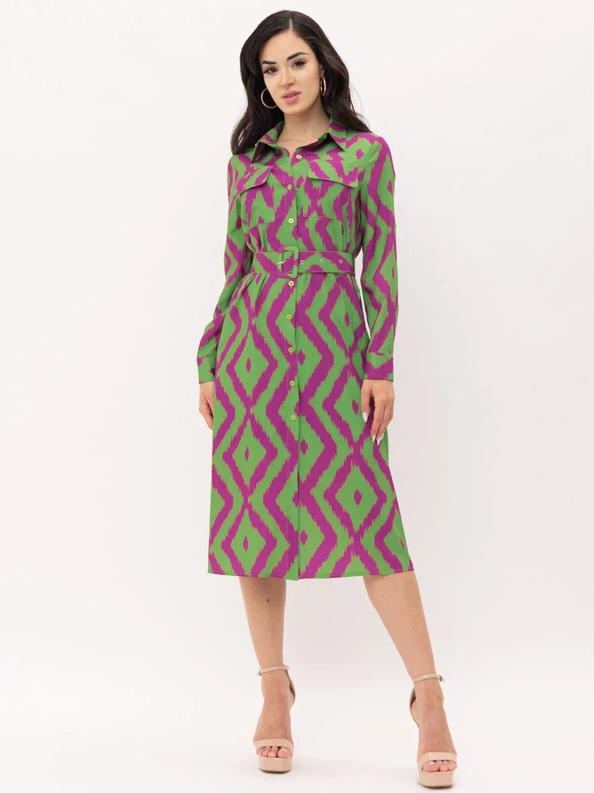WOMEN'S LONG SLEEVE BUTTON UP POCKETS BELTED PRINTED MIDI DRESS