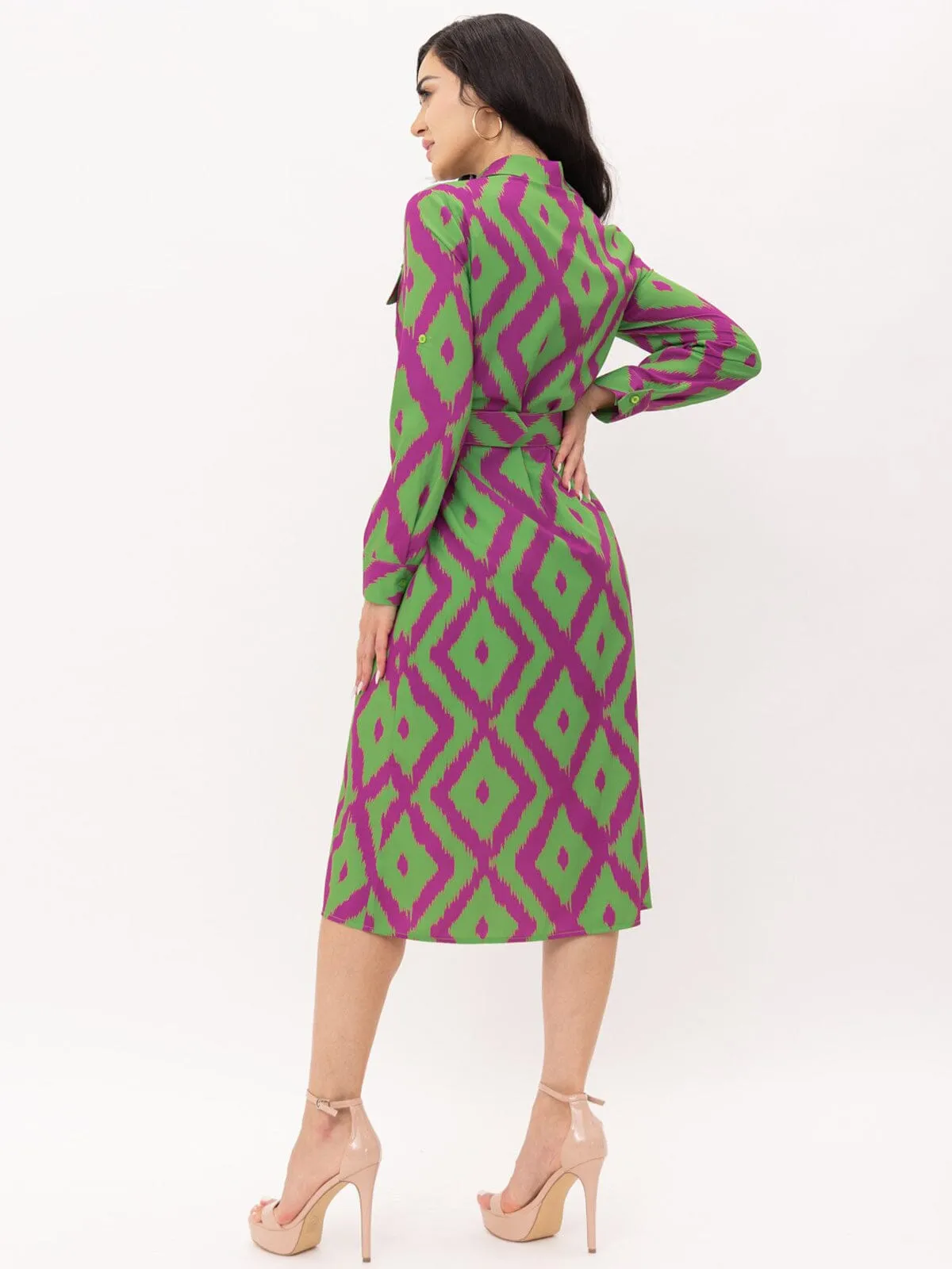 WOMEN'S LONG SLEEVE BUTTON UP POCKETS BELTED PRINTED MIDI DRESS
